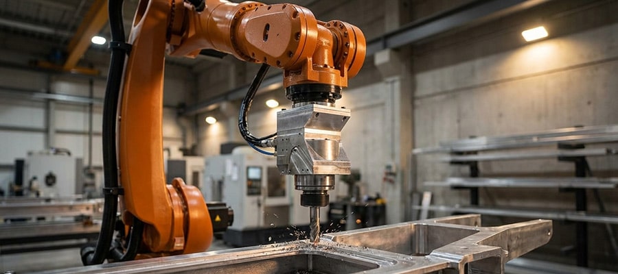 A_1 Bir üretim atölyesinde metal parçayı frezeleyen robot kol