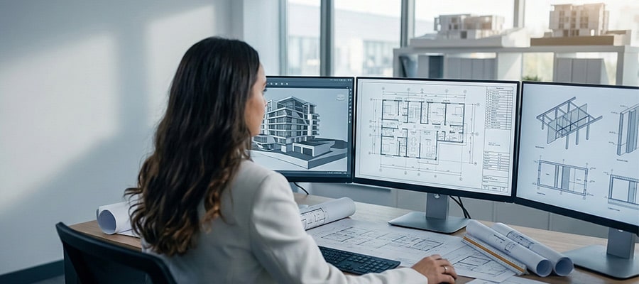 Mimari_2 Mimar, üç ekranda 3D bina modeli, kat planı ve taşıyıcı sistem çizimleri üzerinde çalışıyor